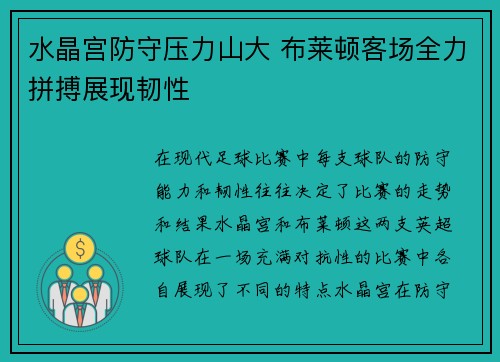 水晶宫防守压力山大 布莱顿客场全力拼搏展现韧性